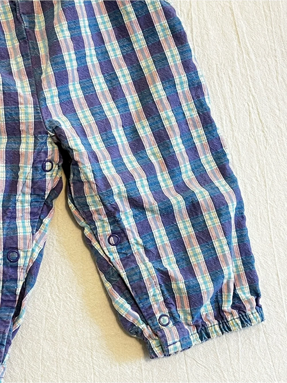 Vintage OshKosh B’Gosh 90s Plaid Overalls Baby USA Made Pink Blue Snap Romper